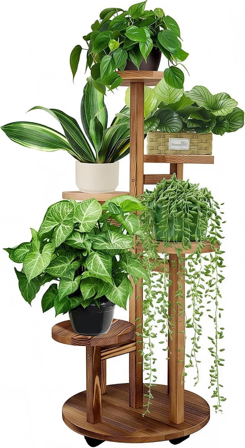 GEEBOBO 5 Tiered Tall Plant Stand for Indoor, Wood Plant Shelf Corner Display Rack