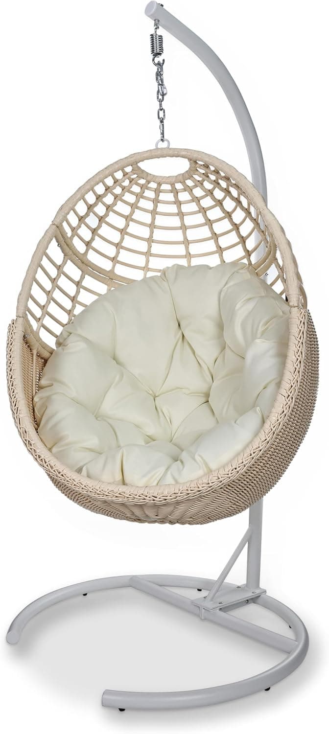 Erotr Egg Swing Chair with Stand, PE Rattan, 330 lb, Beige