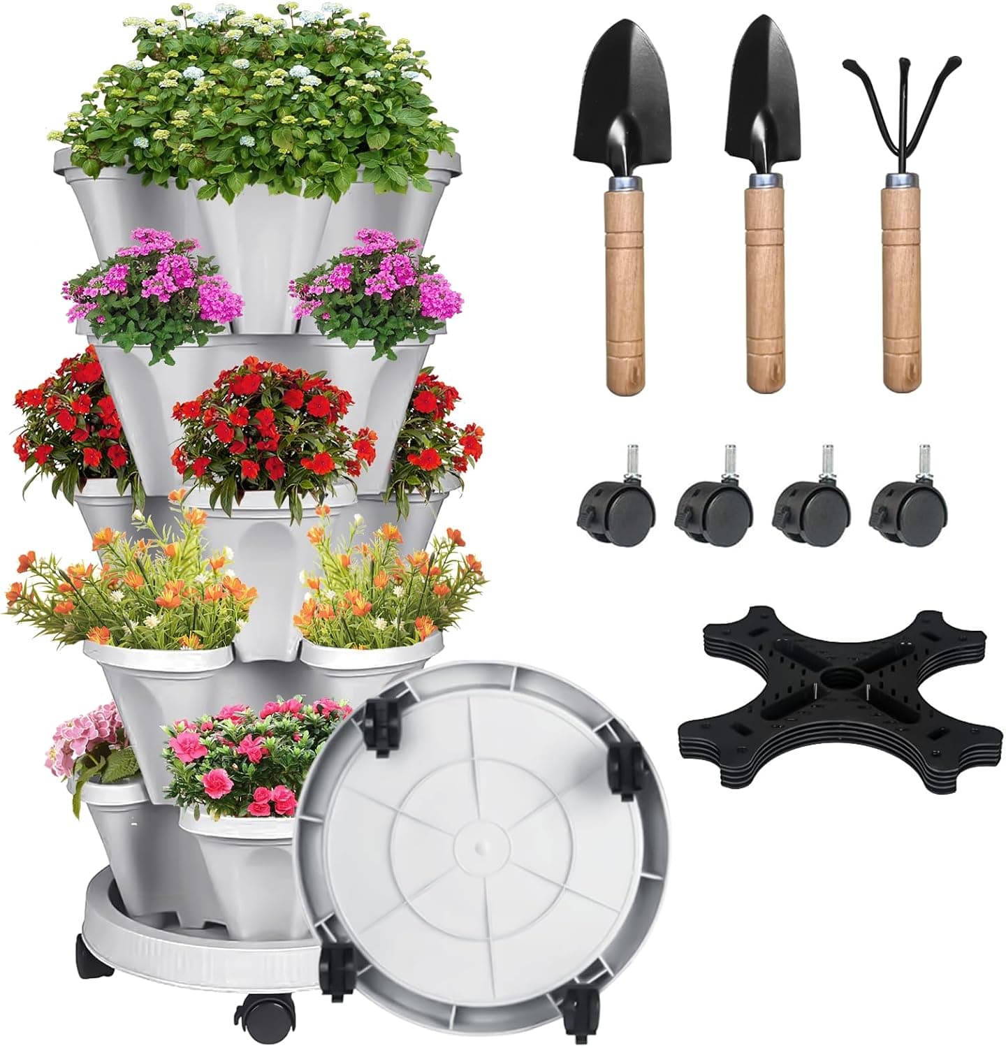 SunFunUSA Vertical Strawberry Planter, 5 Tier Stackable Herb Tower with Tools and Removable Wheels